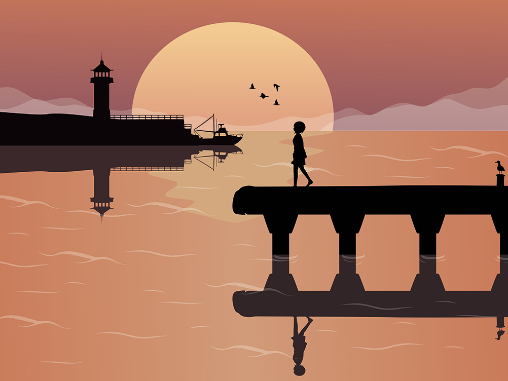 Dessin minimaliste fille qui marche sur le ponton mer soir mouette