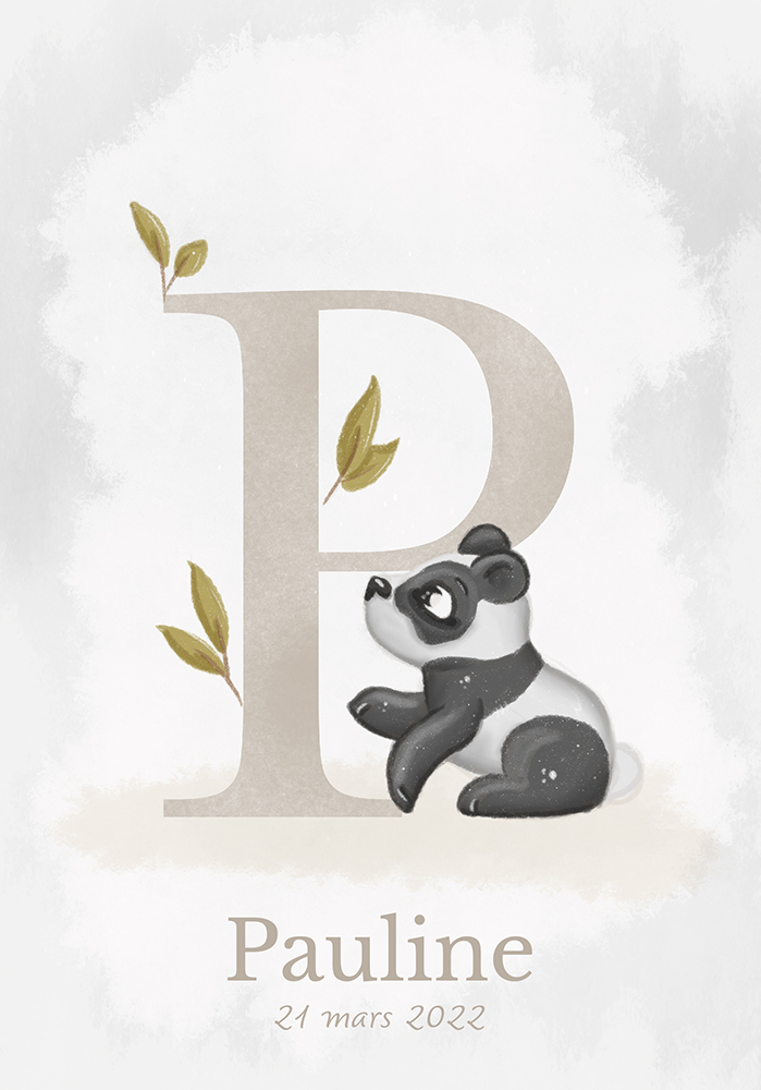 Lettre alphabet P panda affiche date de naissance bébé personnalisable Décoration murale chambre