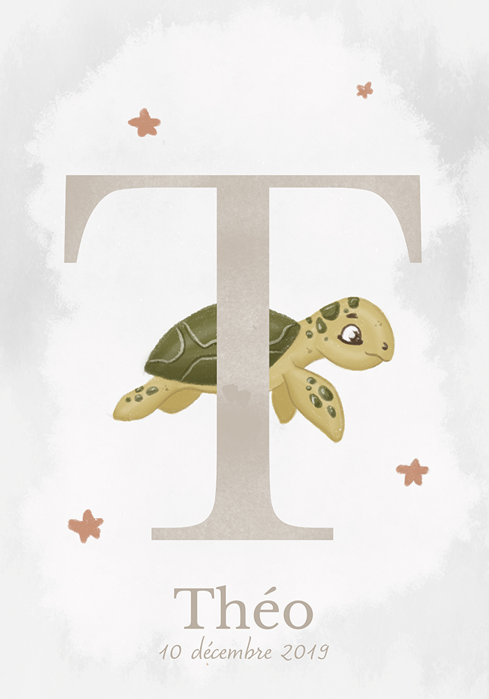 lettre alphabet T tortue poster personnalisé prénom bébé Décor mural salle de jeux
