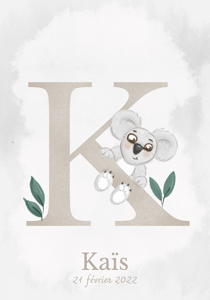 Lettre K koala affiche à personnaliser nouveau-né prénom date Décor mural bureau