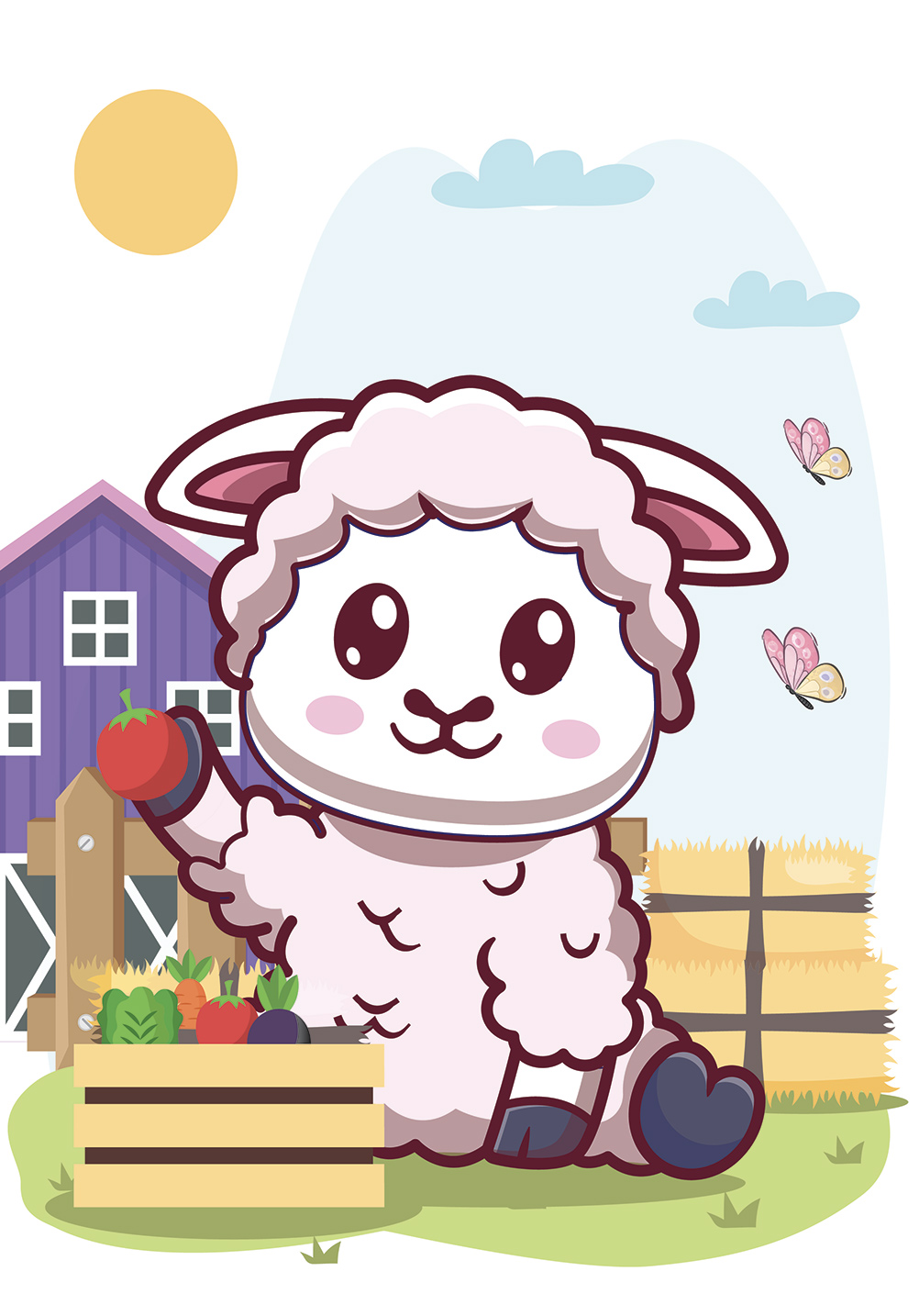 Affiche animal bébé mouton animaux de la ferme papillons poster mural