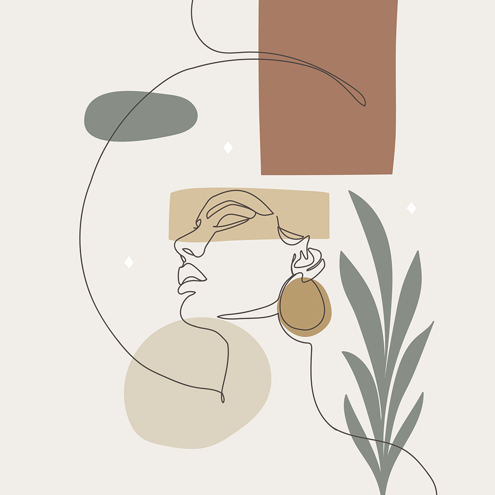 Affiche dessin au trait visage femme chapeau plante line art boho poster mural