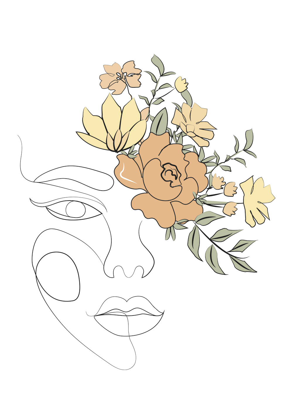 Affiche visage femme fleurs boho line art affiche