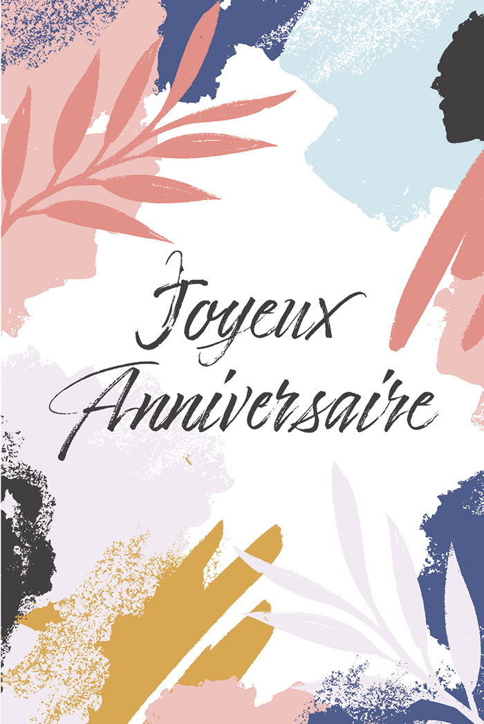 Carte anniversaire graphique avec des feuilles rose