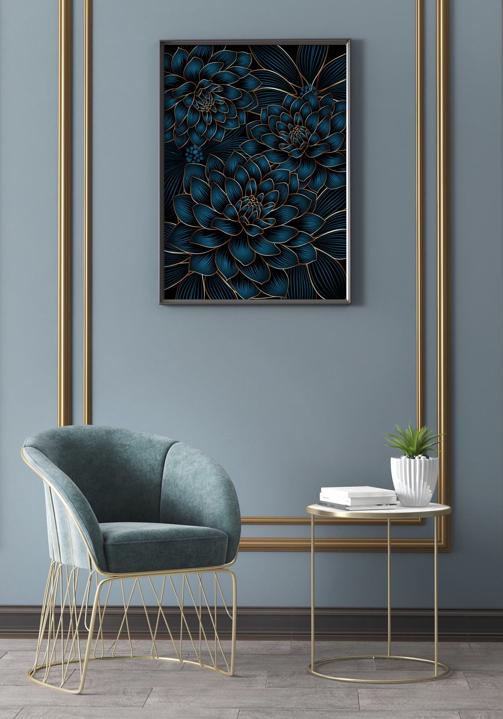 Dahlia fleurs bleues et dorées Affiche chambre