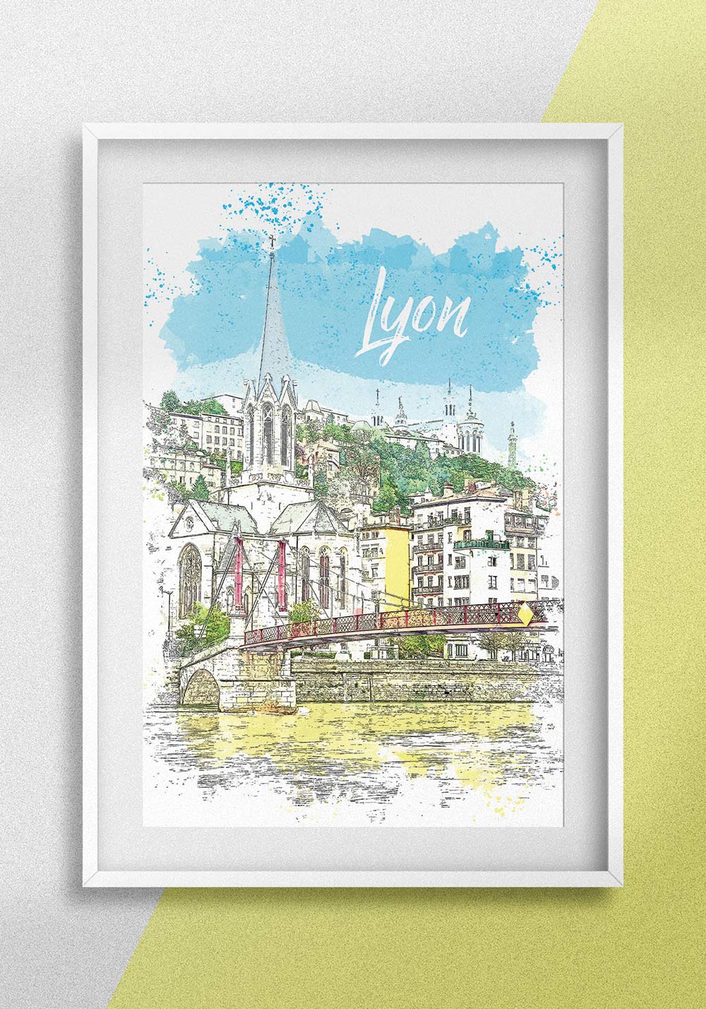 Décoration murale ville de Lyon 2glise sur la rive de la Saône Affiche cuisine Artcamia