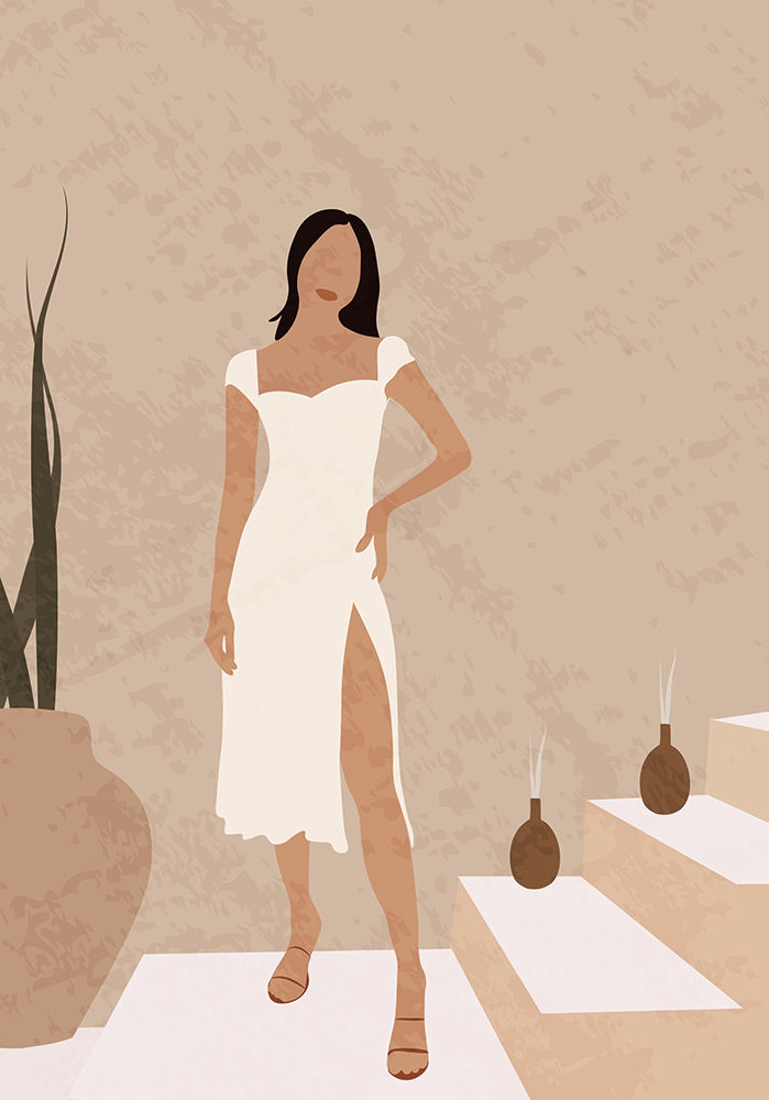 femme belle robe blanche été pots de fleurs Décor mural