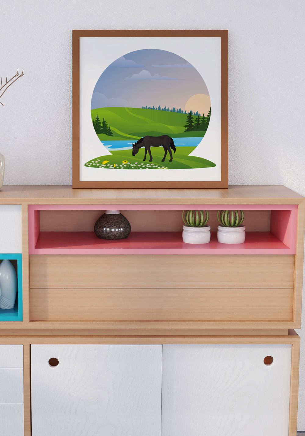 Illustration cheval en été dans son pré Affiche salon