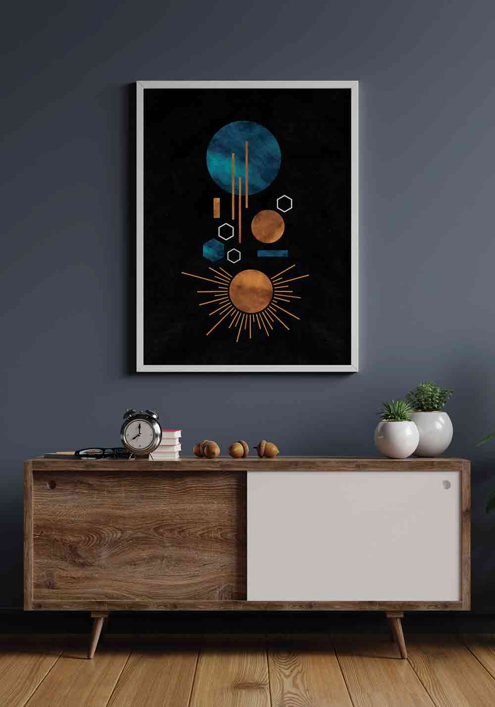 Illustration graphique géométrique forme hexagonale ronde soleil Affiche Artcamia