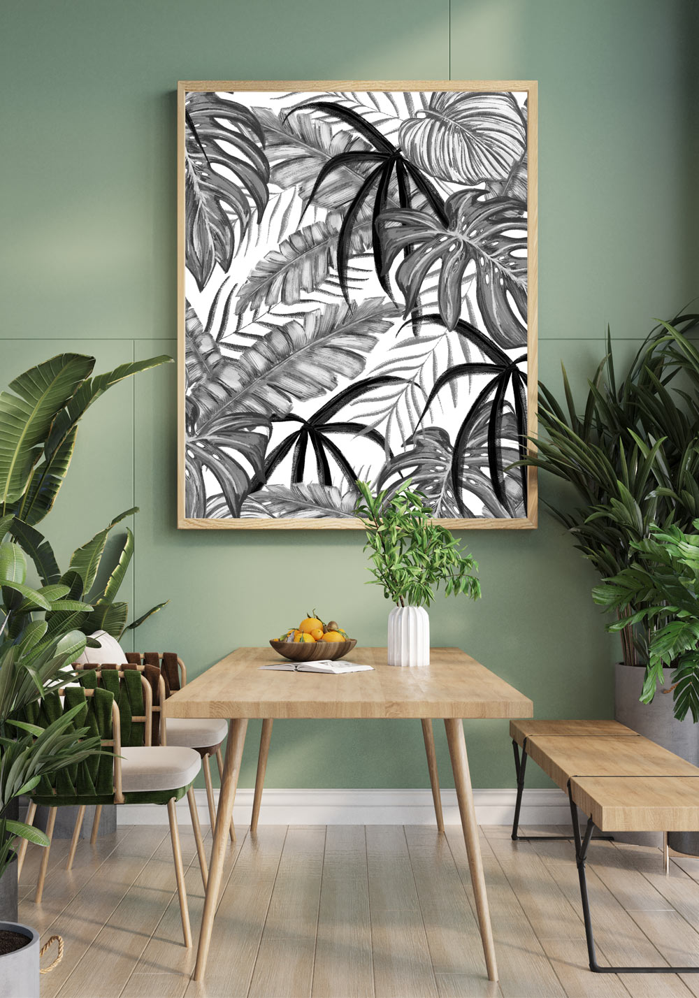 Jungle noir et blanc feuilles plantes intérieur monstera Affiche bureau