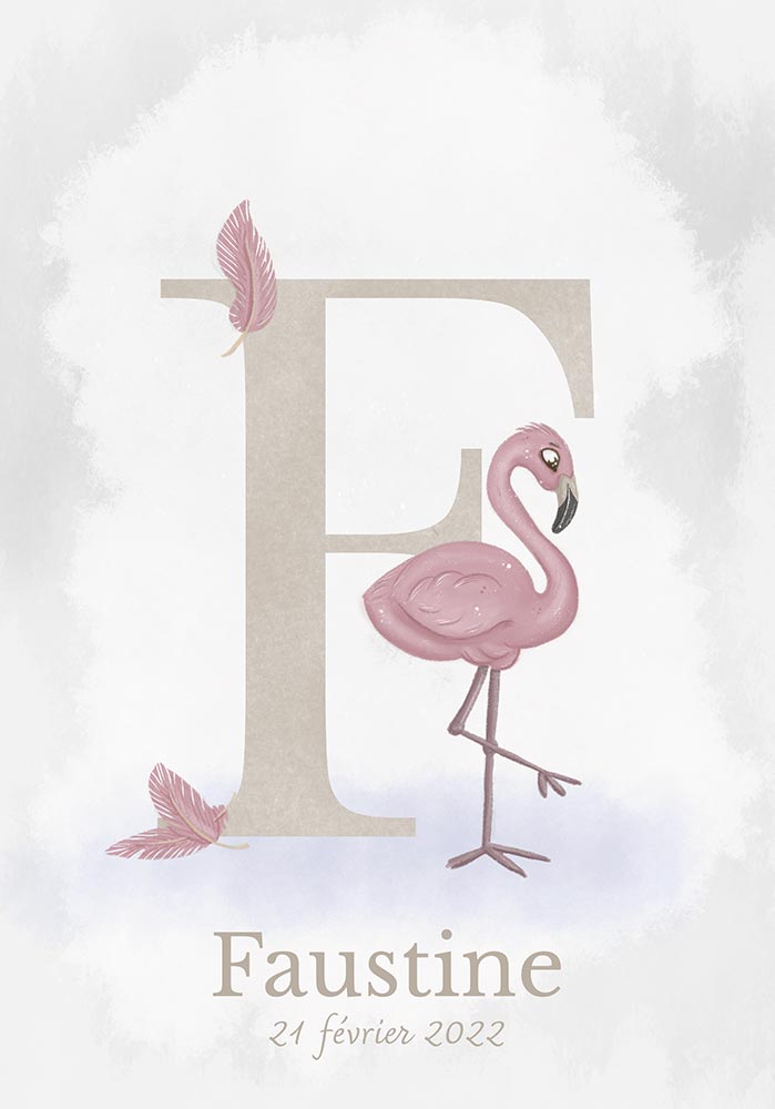 Lettre alphabet F flamant rose affiche cadeau enfant Décor mural chambre