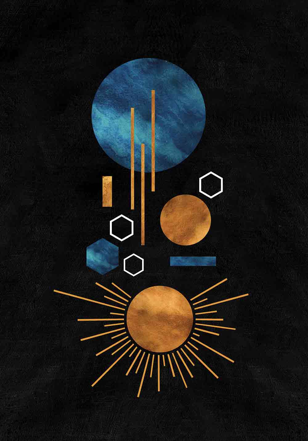 Poster formes graphiques abstrait noir bleu doré Décoration murale bureau