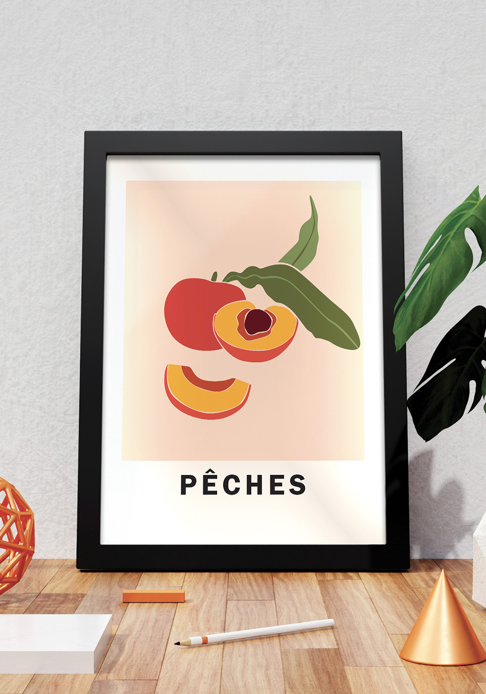 Affiche de fruits pêches feuilles noyau Poster mural Artcamia