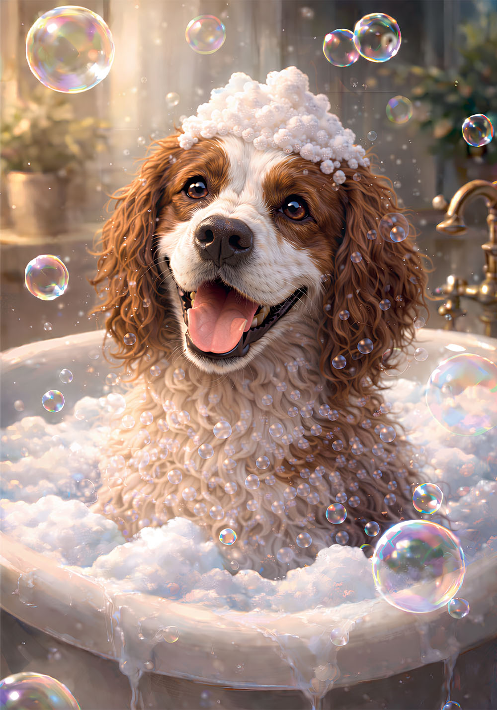 Affiche épagneul baignoire