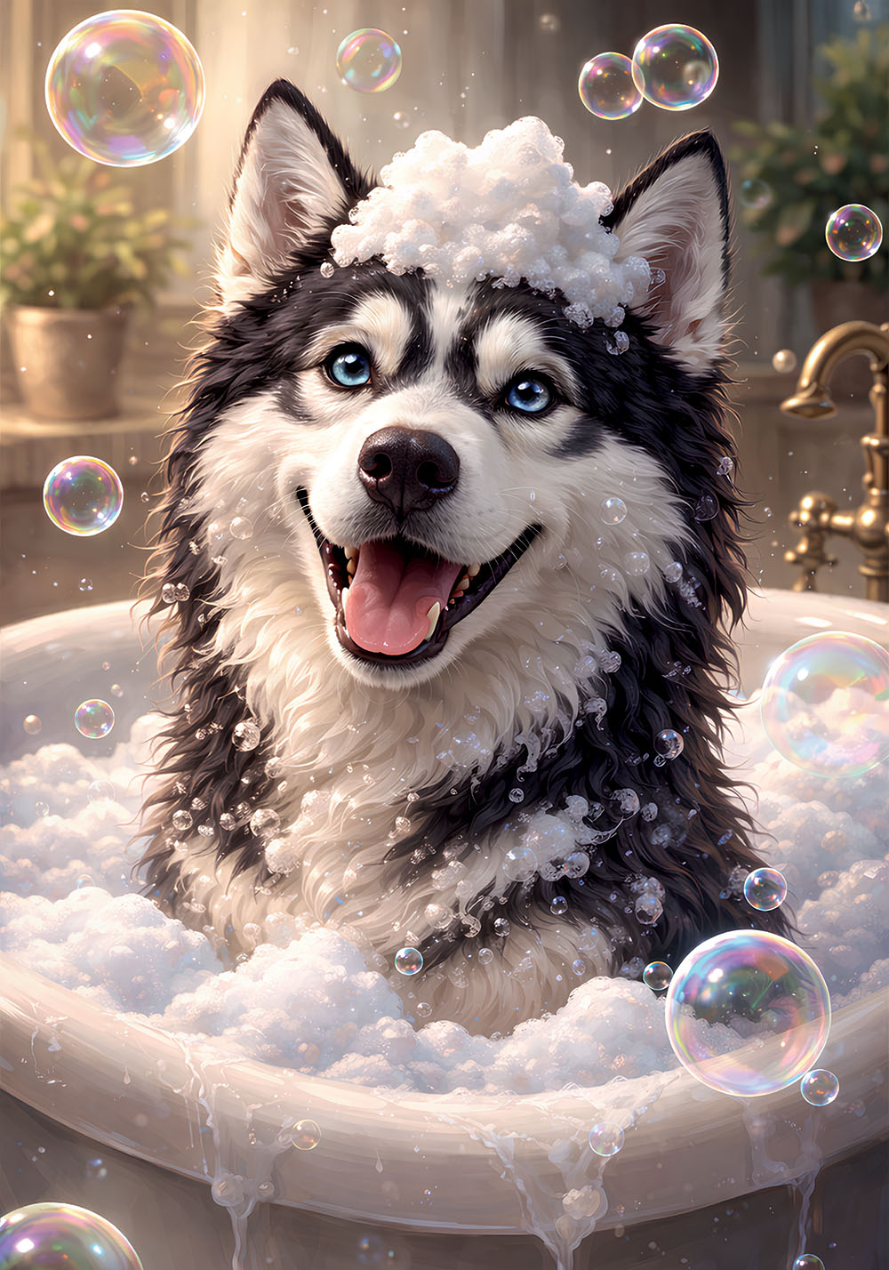 Affiche husky baignoire