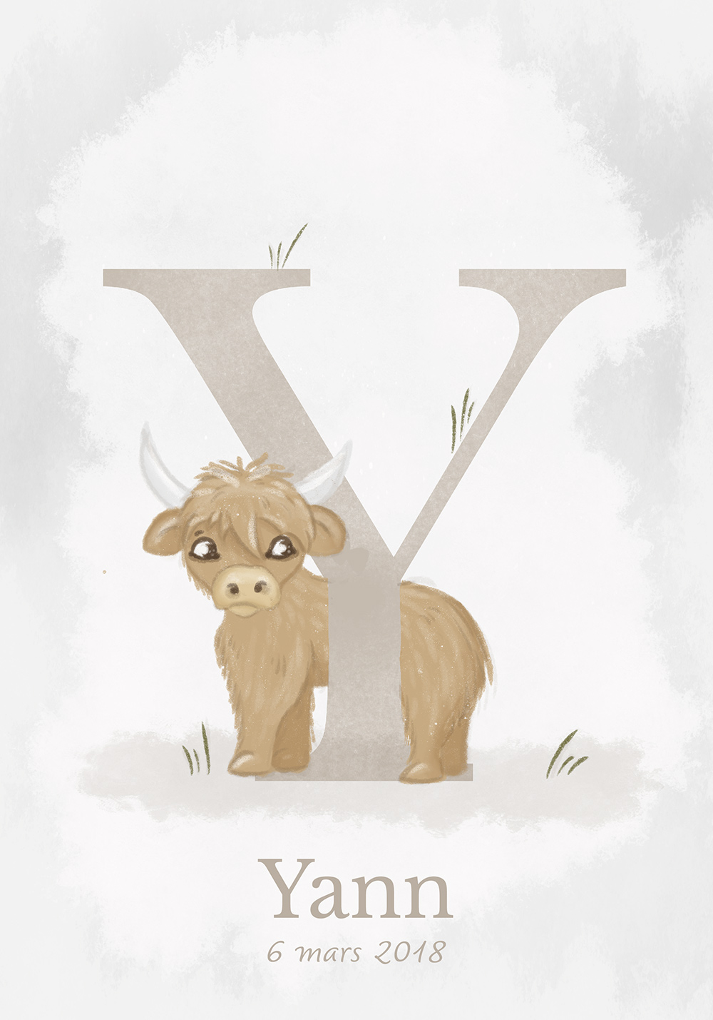 Affiche personnalisable prénom enfant lettre Y date de naissance bébé Décoration murale chambre