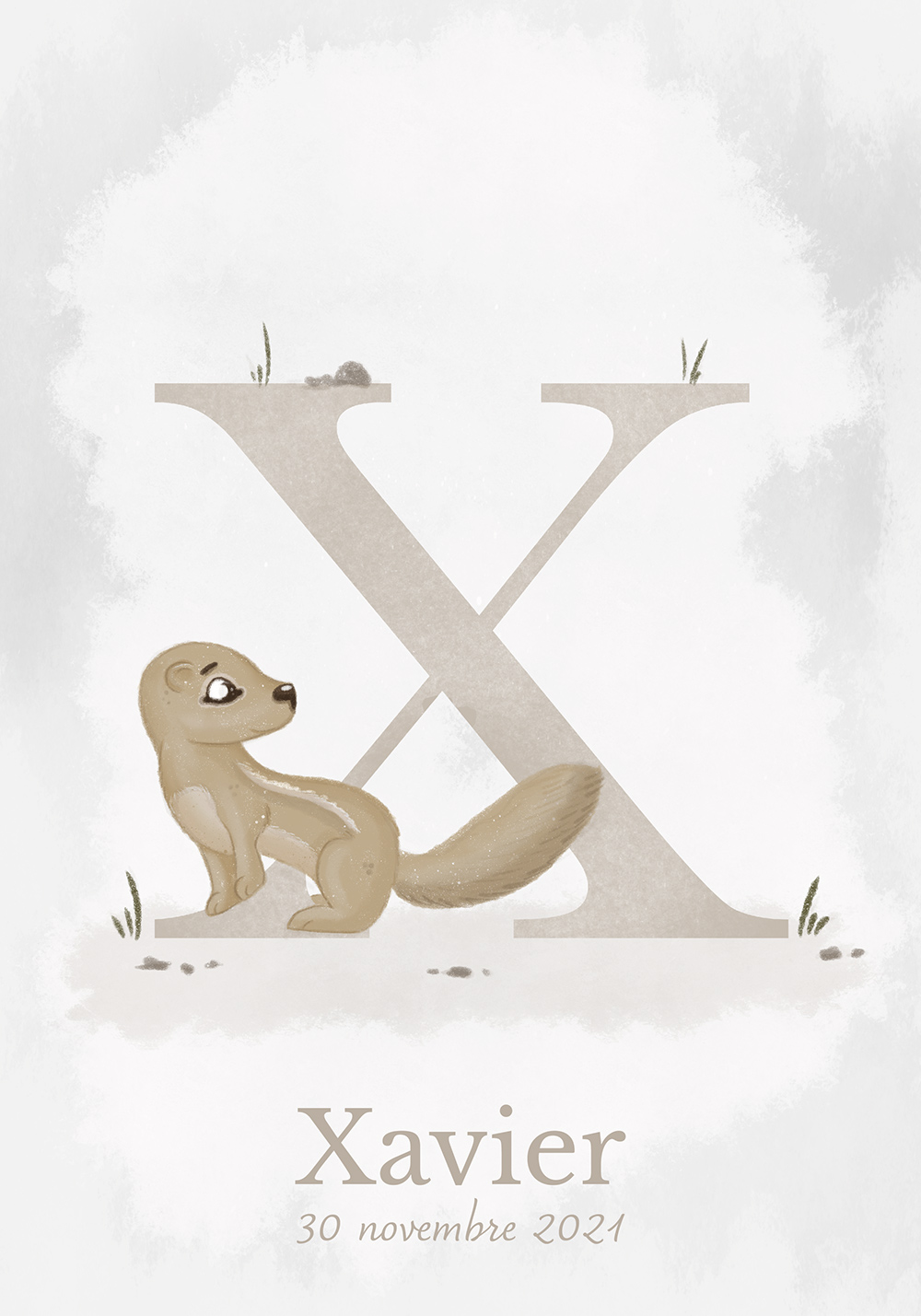 Affiche personnalisable prénom enfant lettre X et date de naissance nourrisson Décoration murale chambre