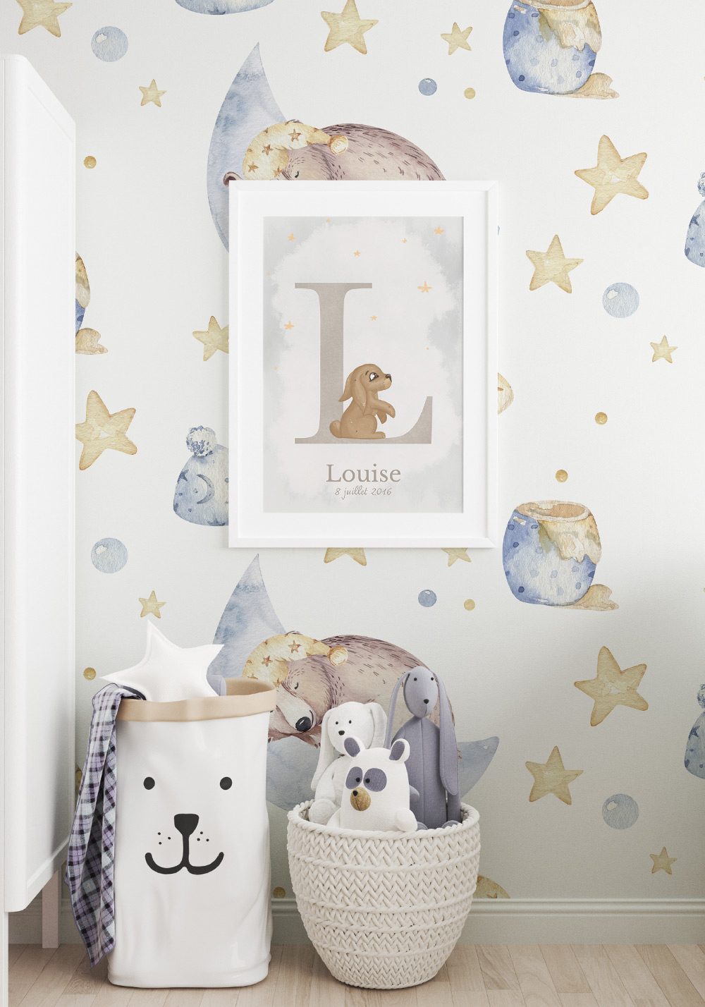 Alphabet L lapin affiche personnalisable prénom date de naissance nouveau-né cadeau à offrir Artcamia