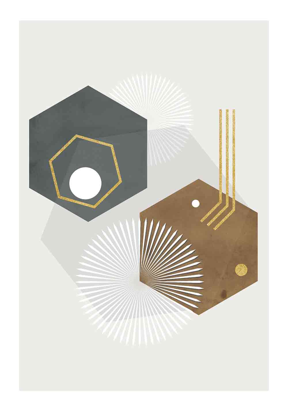 Affiche art abstrait hexagones gris marron doré décoration murale entrée