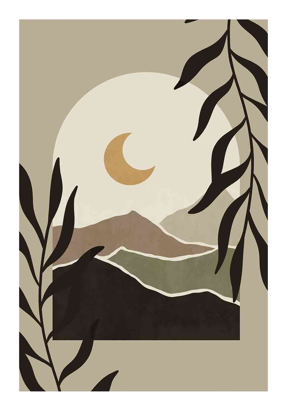 Affiche boho vue d'une fenêtre sur des collines et la lune décoration murale bureau