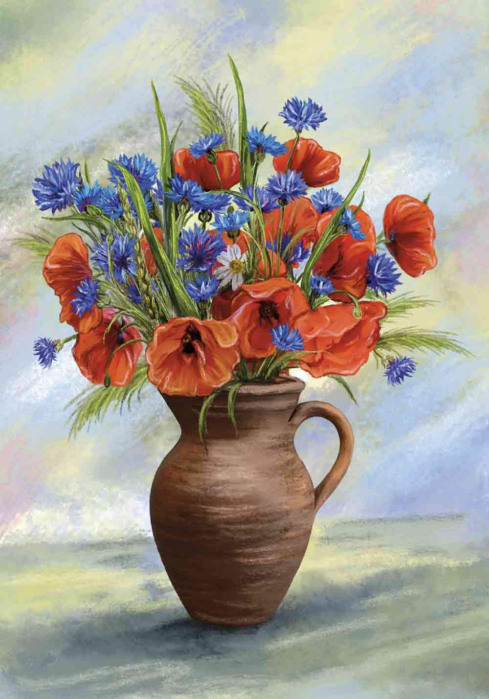 Sur ce poster un magnifique bouquet de pavots de fleurs des champs coquelicot bleuet blé décoration murale bureau