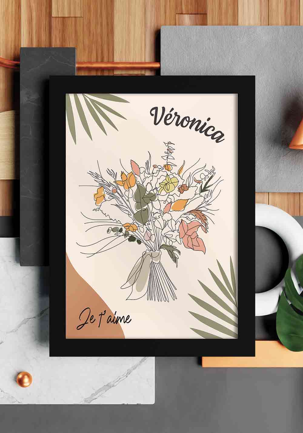 Bouquet de fleurs coupées ruban line art Affiche personnalisée