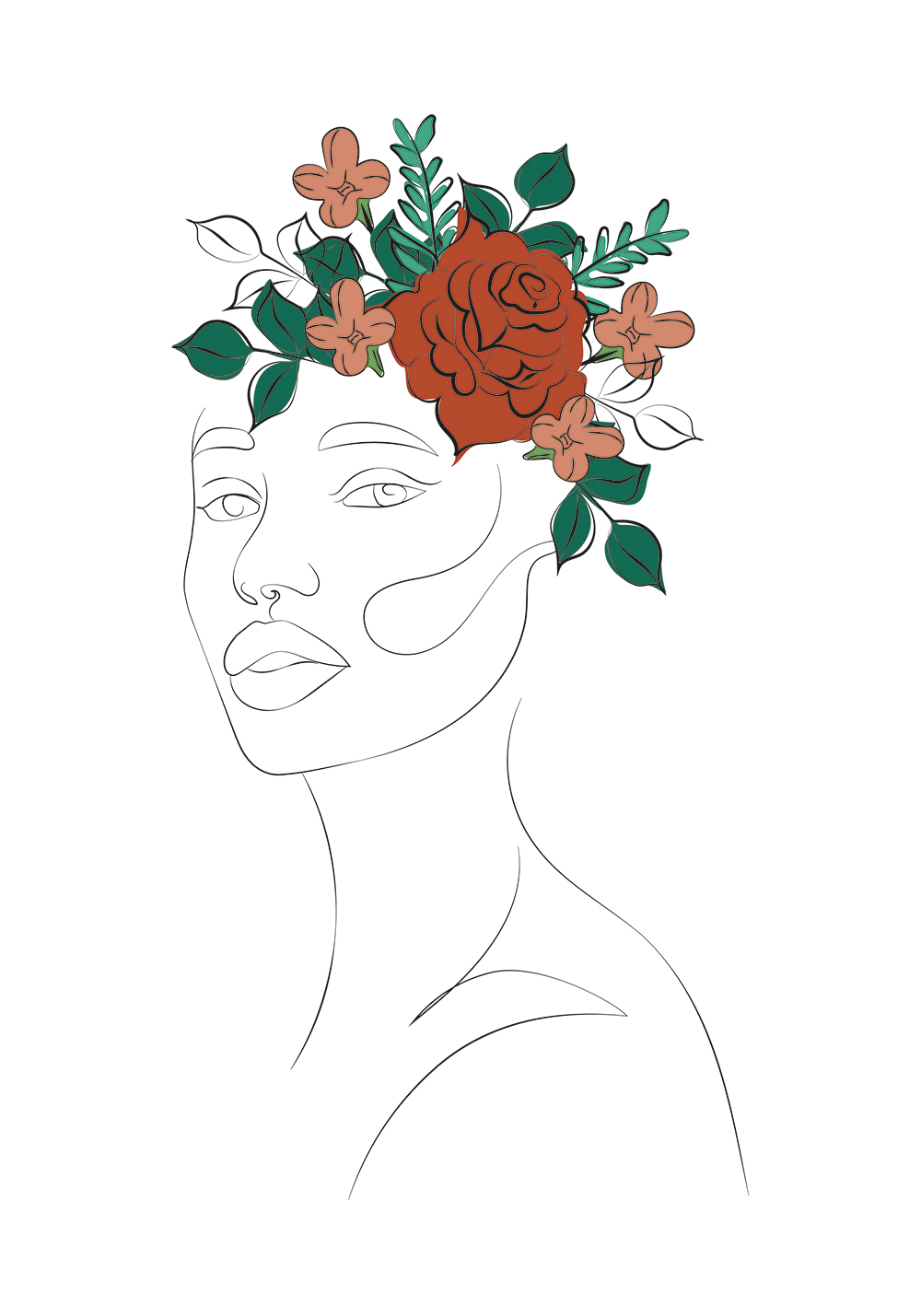 Bouquet de fleurs visage femme line art affiche