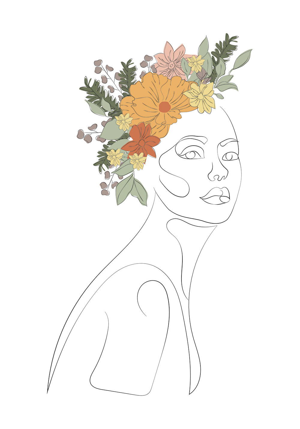 Poster line art buste femme couronne de fleurs affiche murale chambre