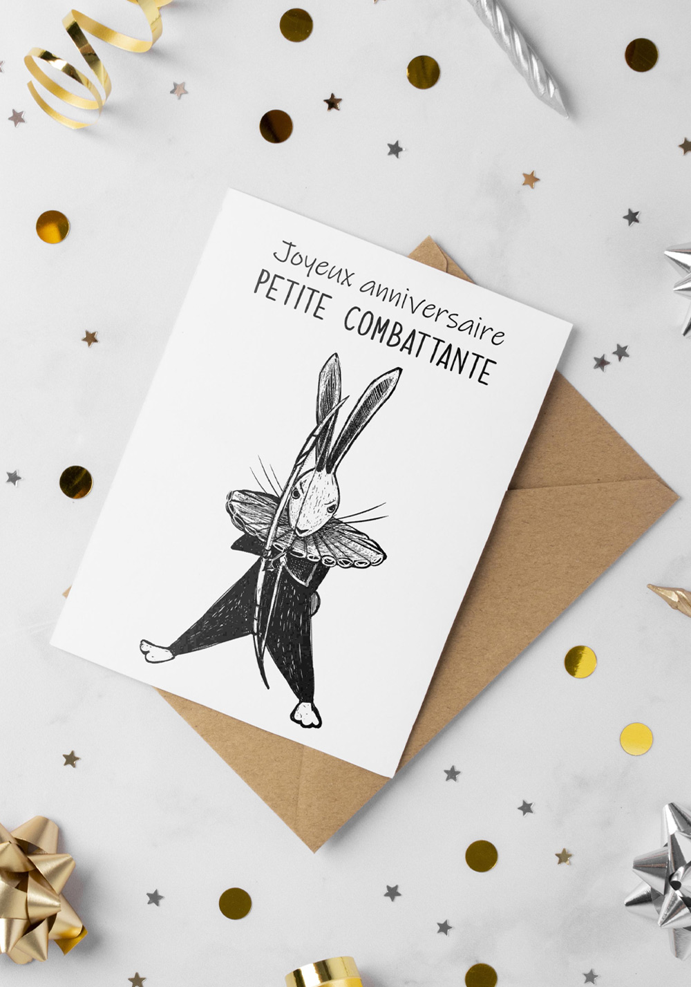 carte anniversaire double fille petite combattante archère