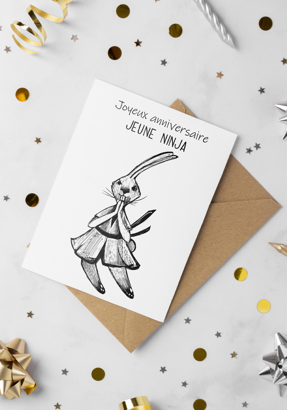 Carte anniversaire double Ninja japon lapin