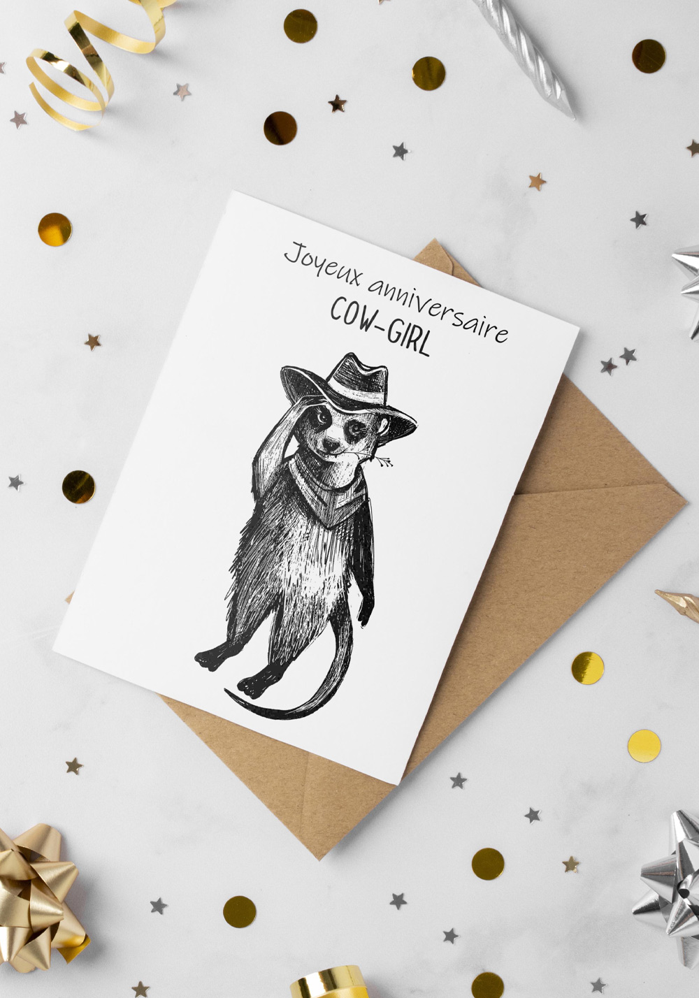 Carte anniversaire en noir et blanc dessin cow-girl petit personnage raton laveur