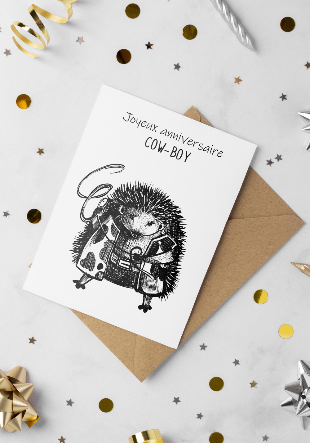 Carte anniversaire garçon dessin en noir et blanc cow-boy