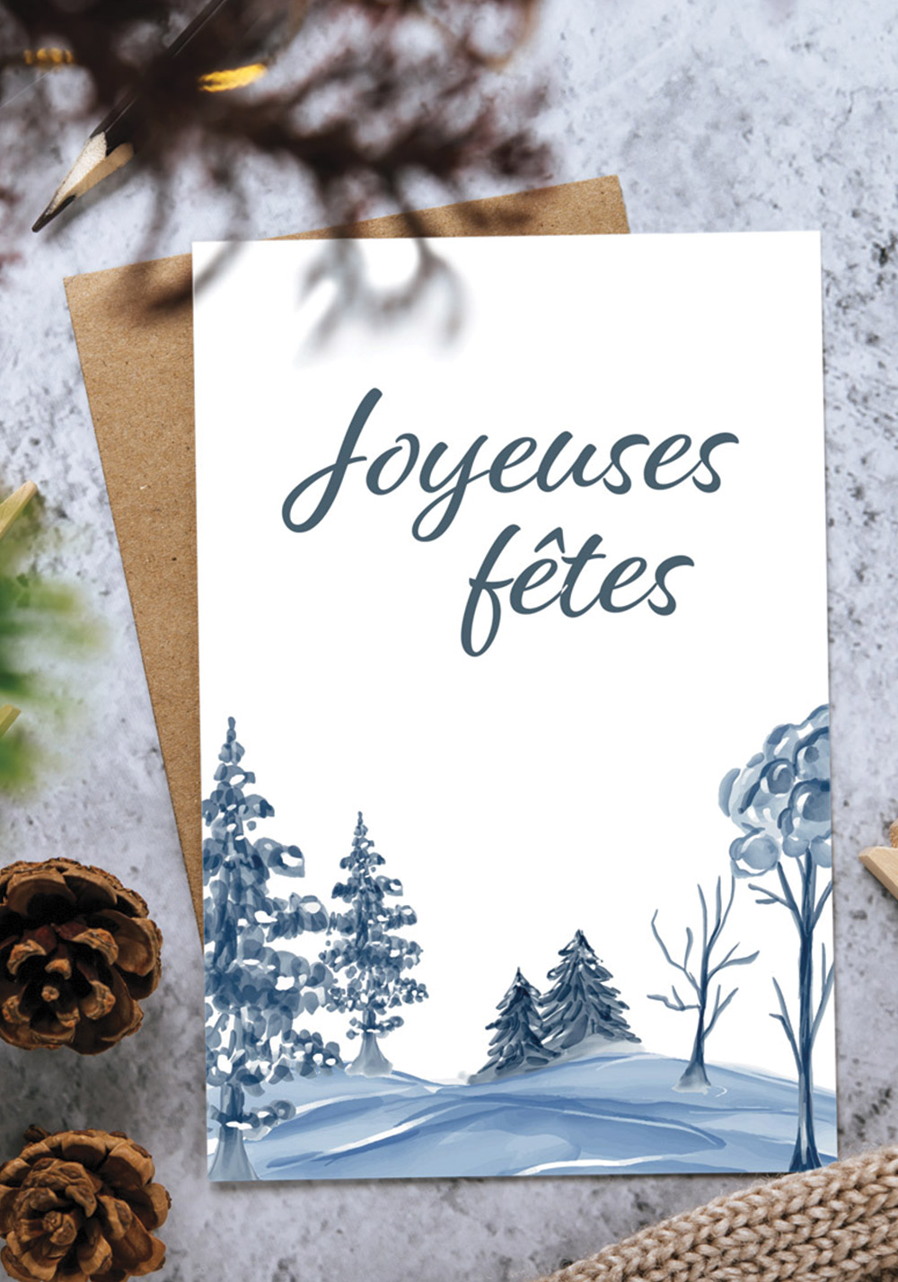 Carte couleur bleue paysage enneigé Joyeuses Fêtes