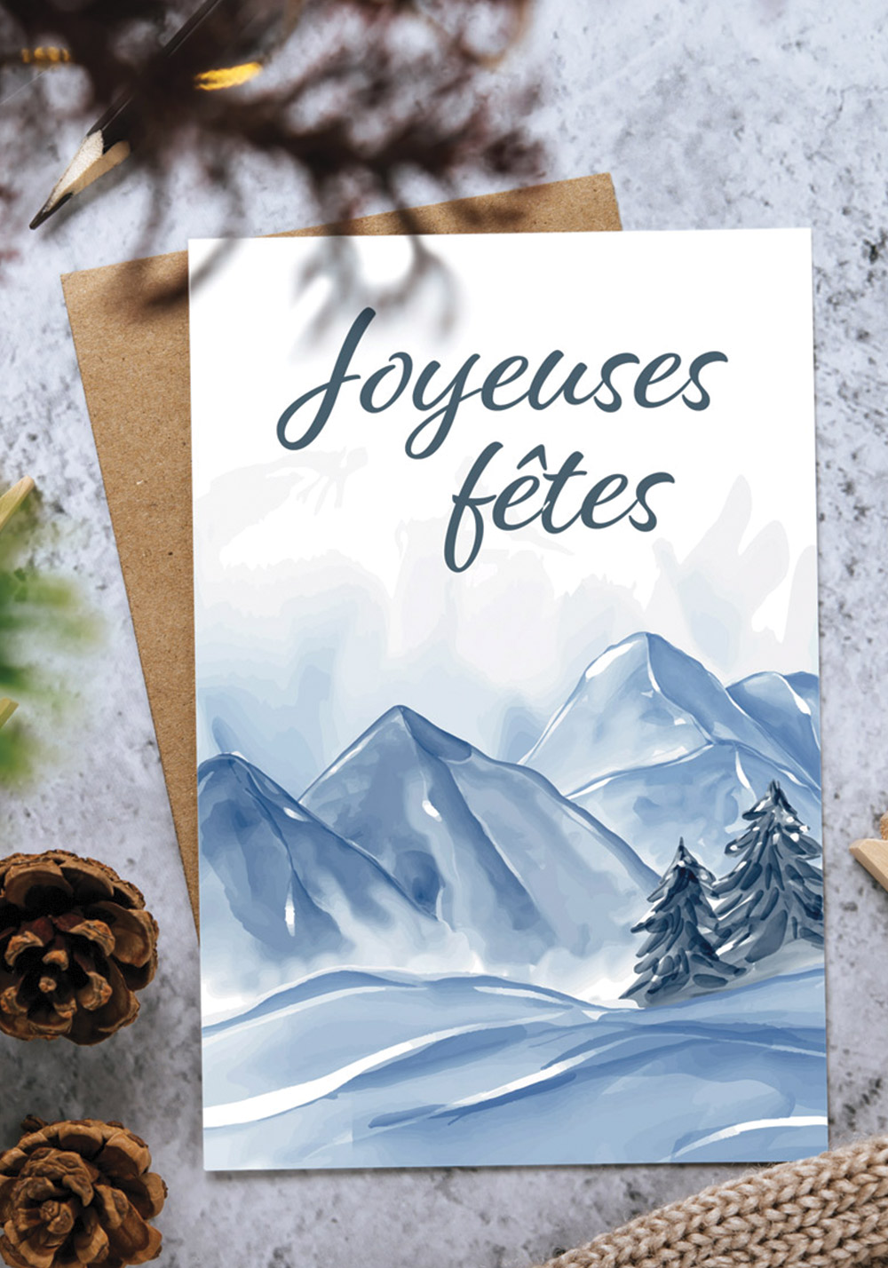 Carte double bleue montagnes neige Joyeuses fêtes