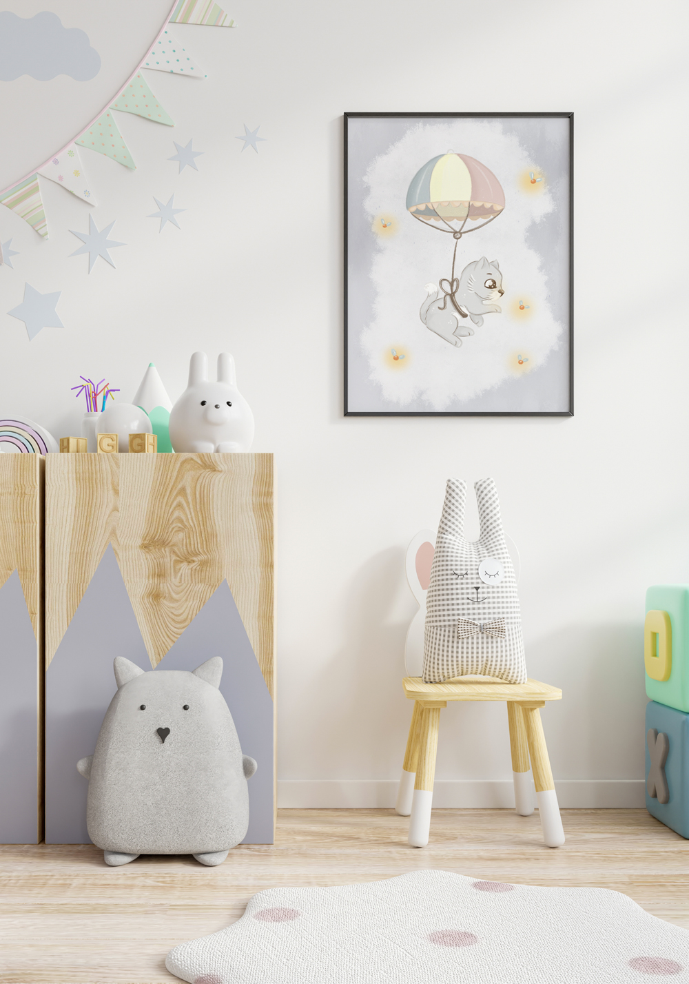 Chaton qui vole en parachute Affiche chambre enfant