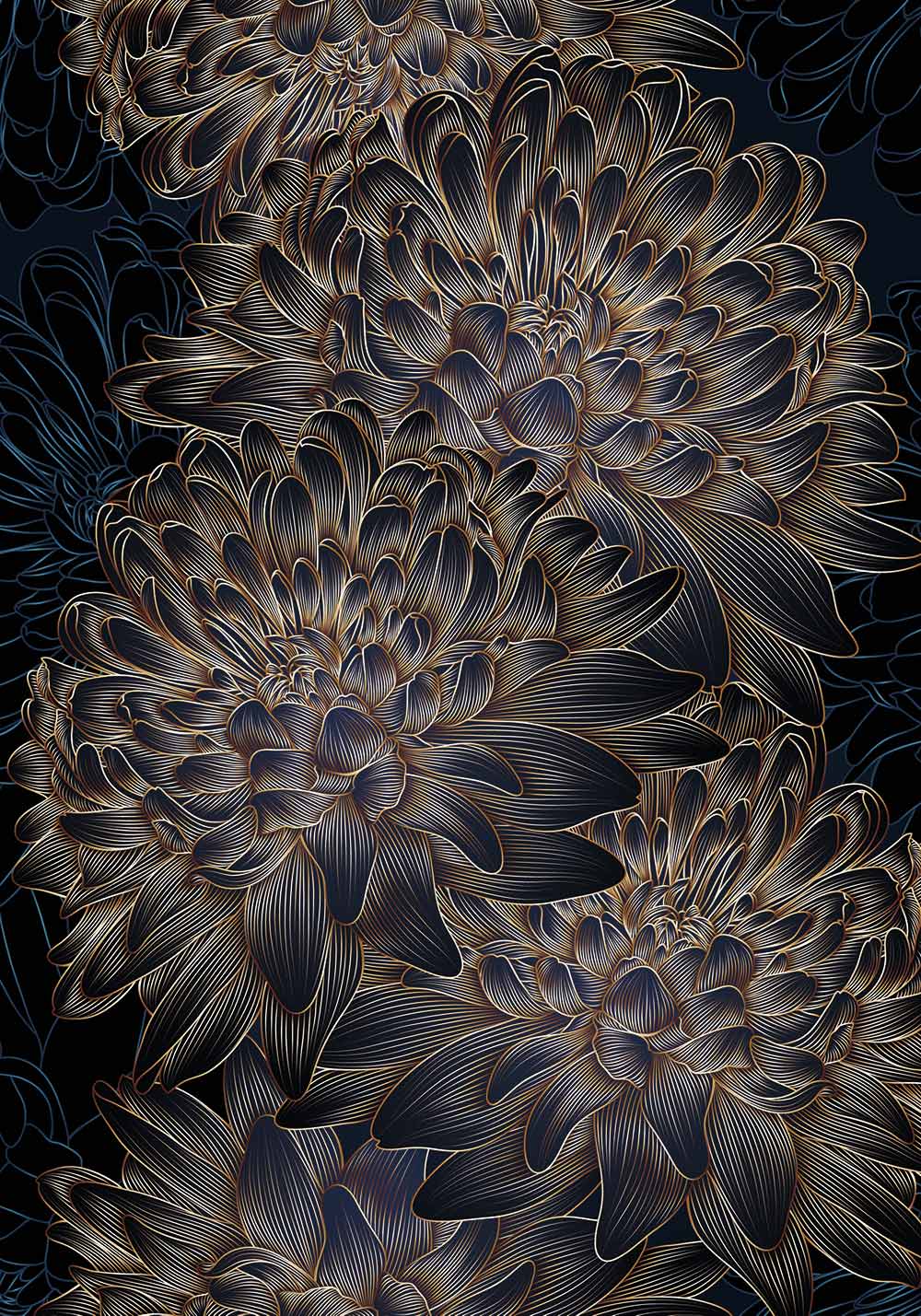 Poster chrysanthème fleurs bleues et dorées automne Décoration
