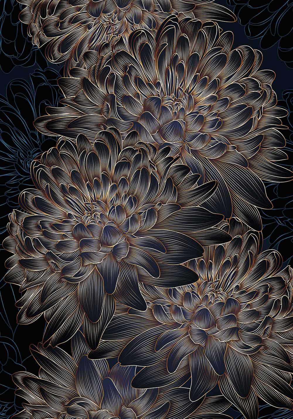 Poster chrysanthème fleurs bleues et dorées automne décoration