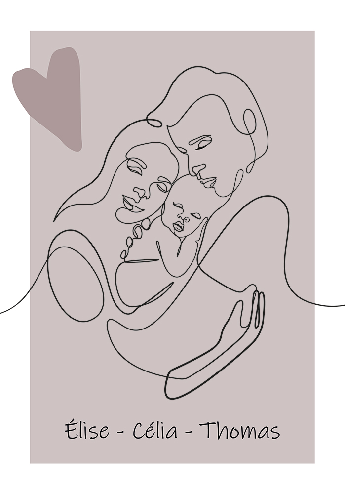 Famille naissance bébé line art fond rose poudré poster