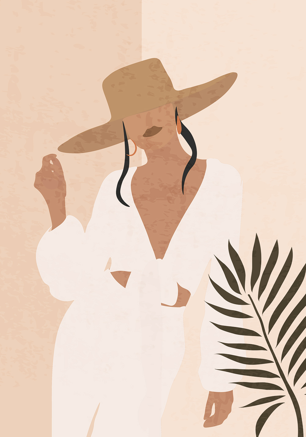 Affiche femme au chapeau style boho minimaliste couleurs terracotta décoration murale