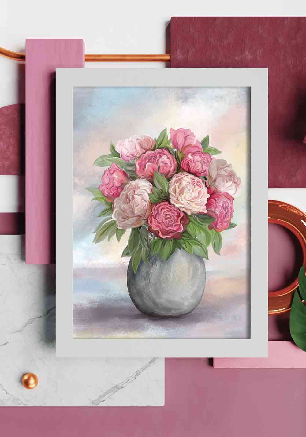 Fleurs pivoines en bouquet pot en grès gris Affiche Artcamia