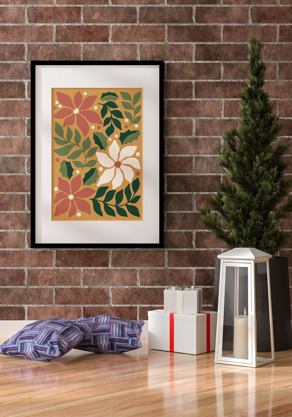 Illustration houx, poinsettia, noël