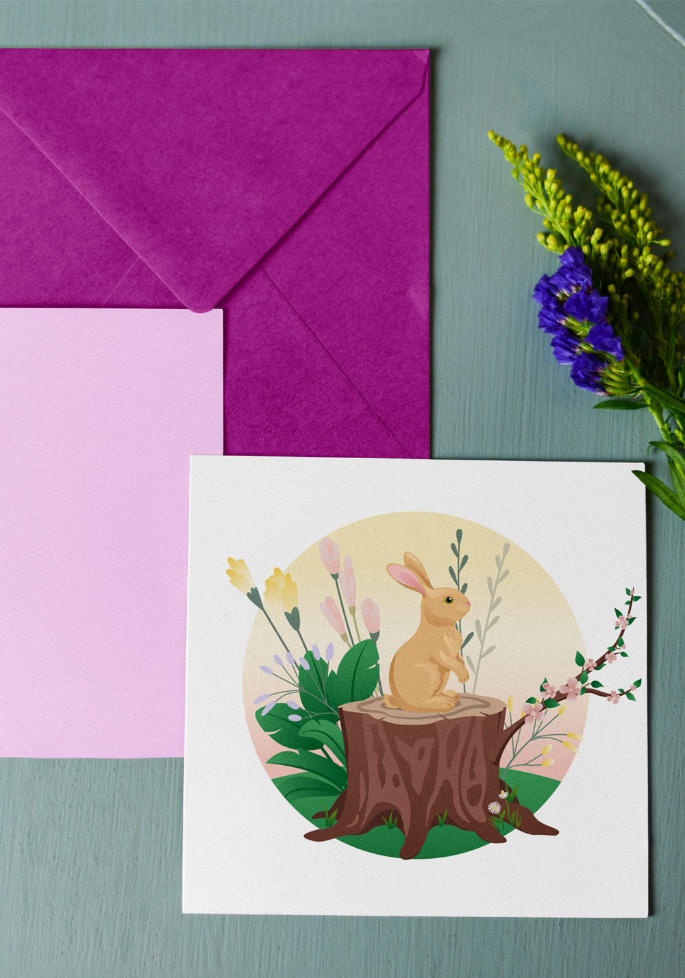 Illustration lapin printemps carte double