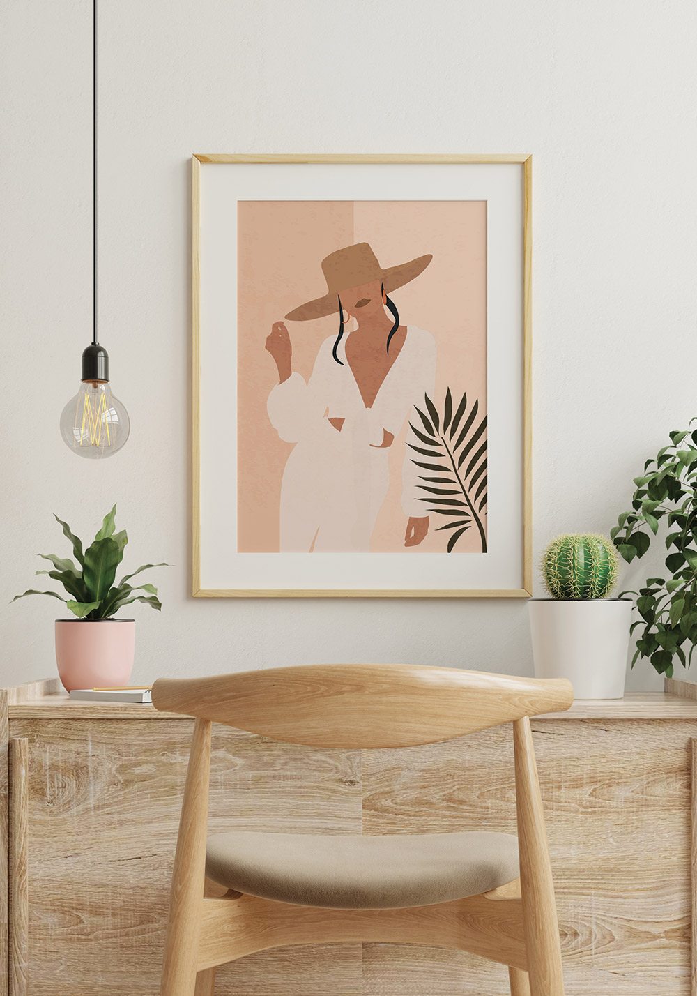 Jeune femme style boho cheveux longs chapeau de paille été poster mural salon artcamia