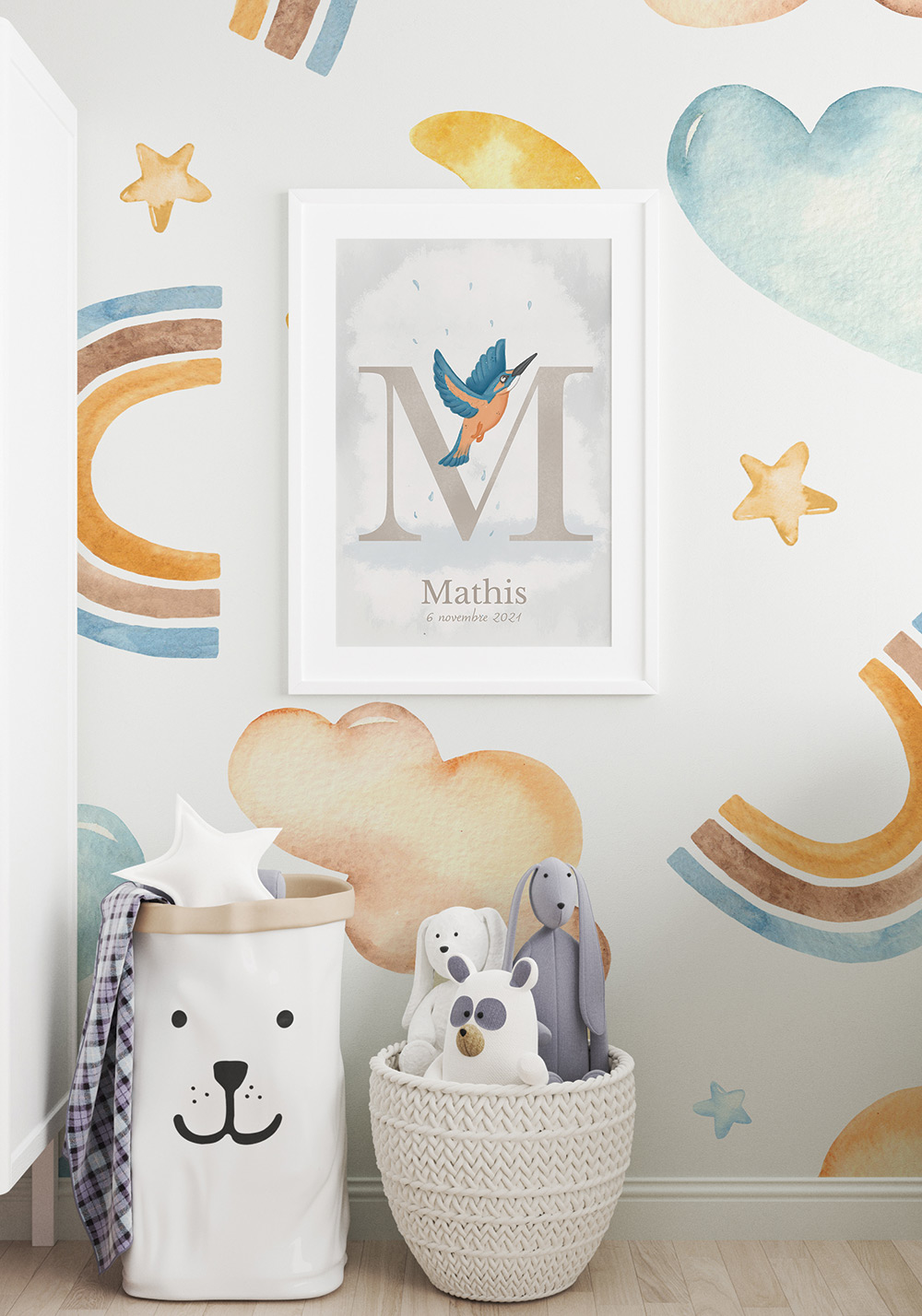 Lettre alphabet M affiche personnalisable animaux prénom date Artcamia