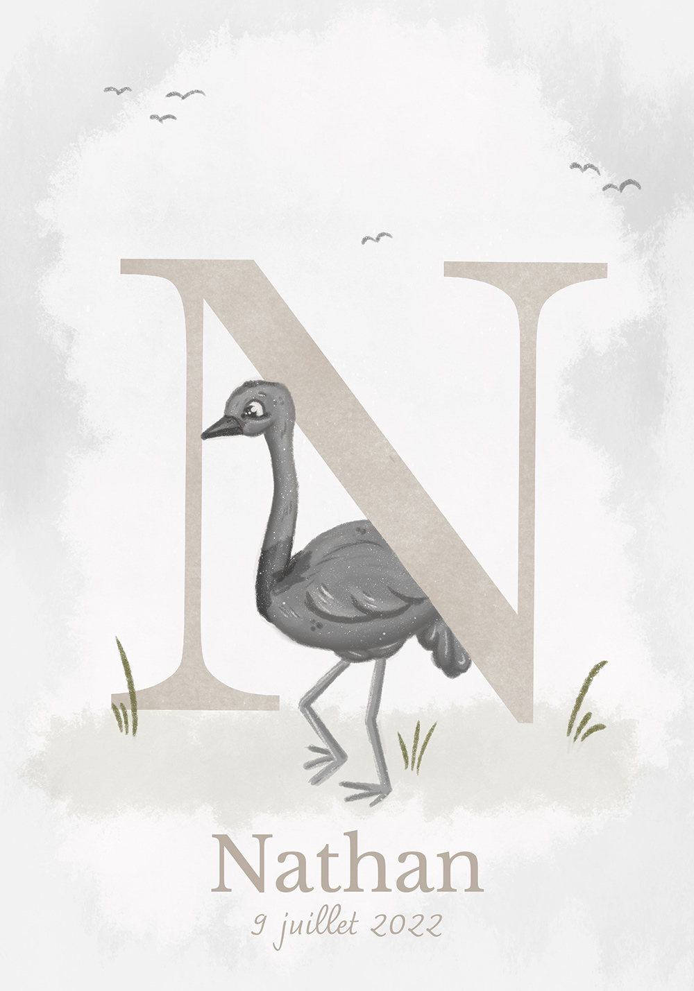 Poster prénom enfant lettre N Nandou et date de naissance nouveau-né Décoration murale bureau