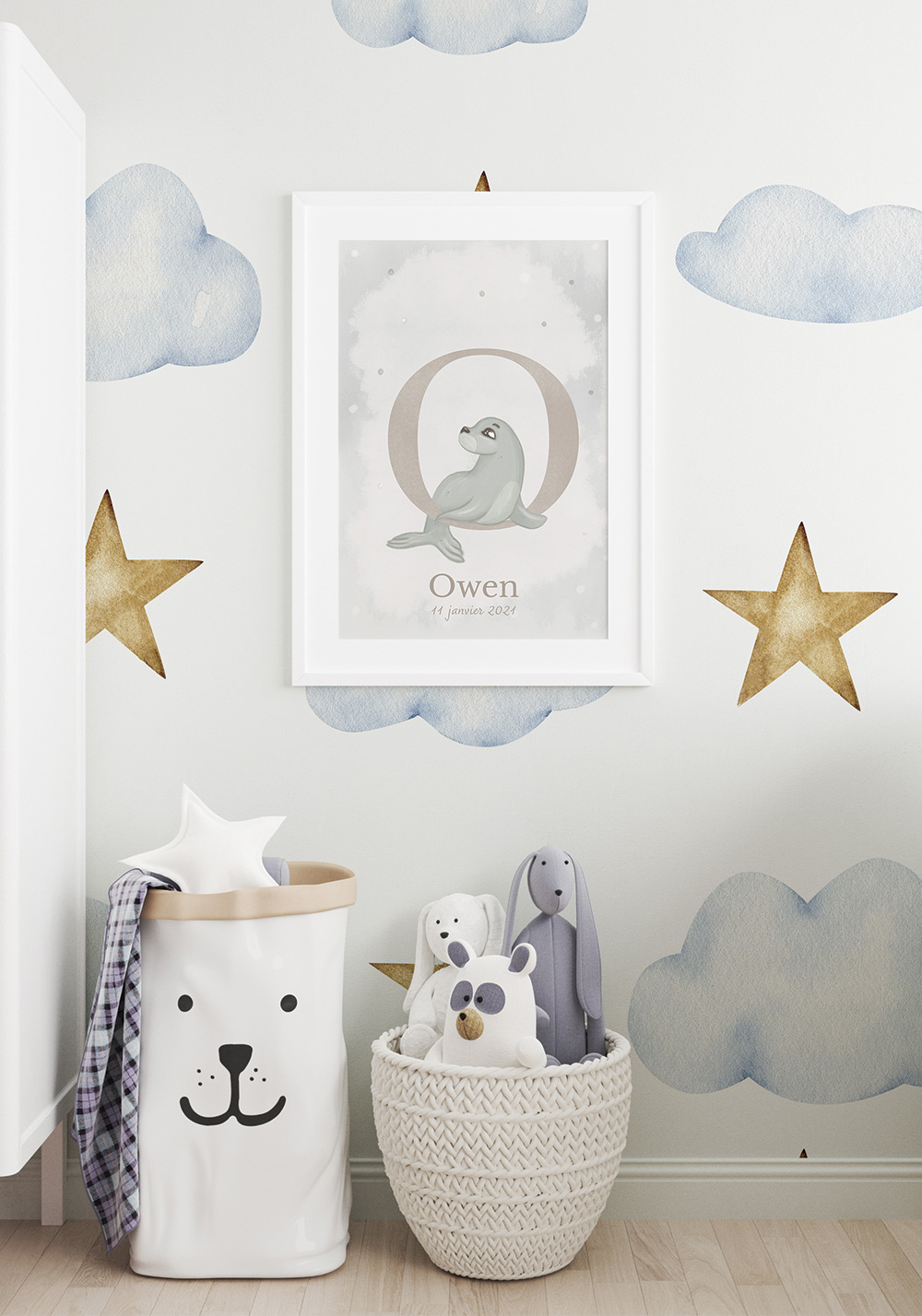 Lettre alphabet O otarie poster personnalisable prénom date de naissance Artcamia