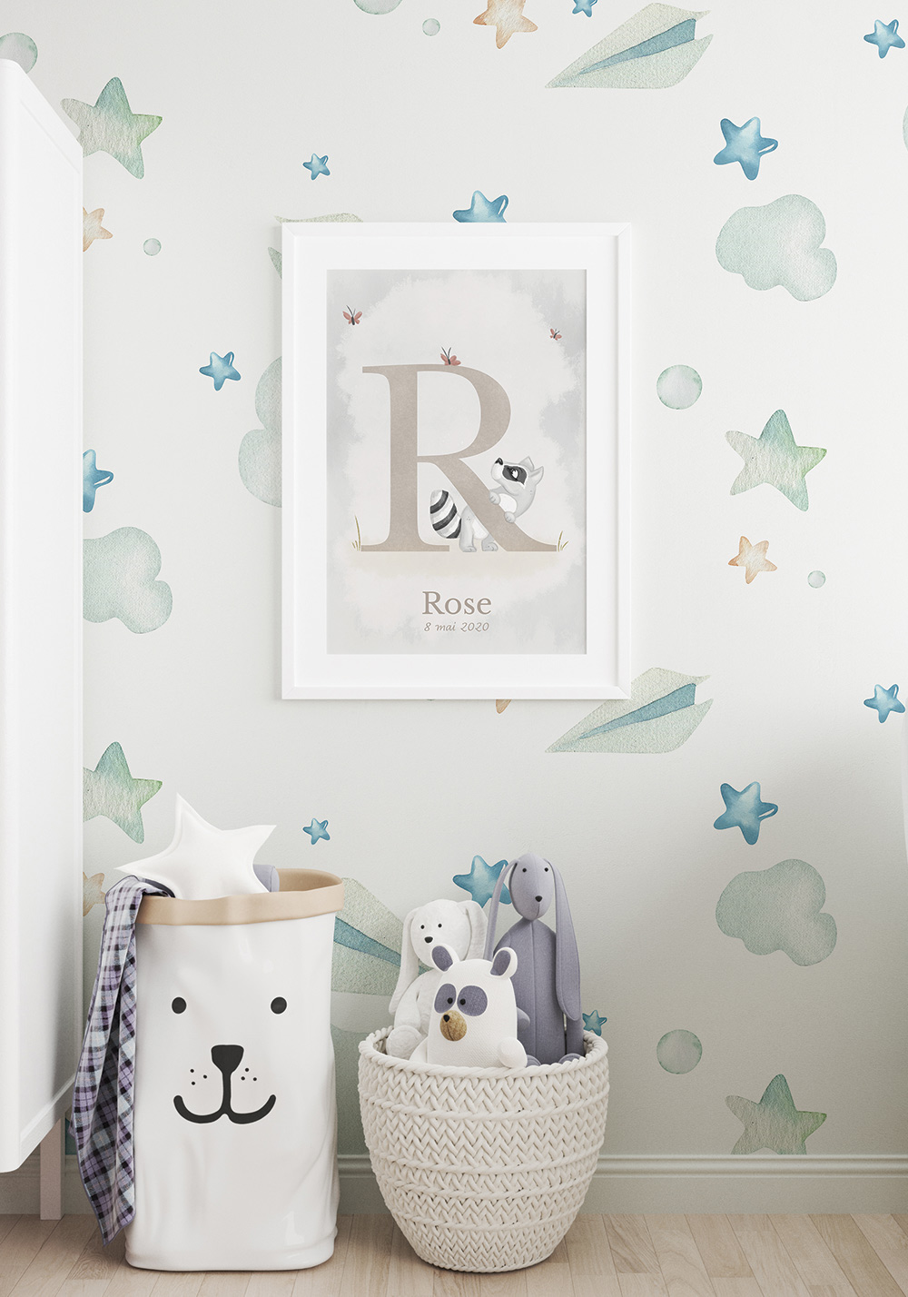 Lettre alphabet R raton laveur Affiche personnalisable prénom Artcamia