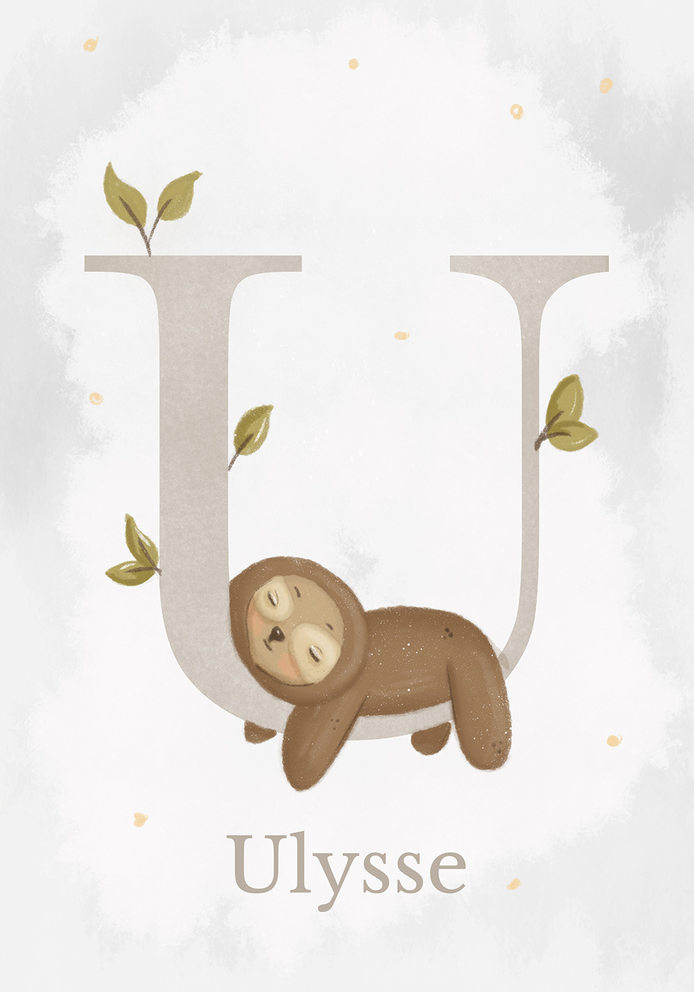 Affiche personnalisable prénom enfant lettre U Unau paresseux date de naissance Décoration murale chambre