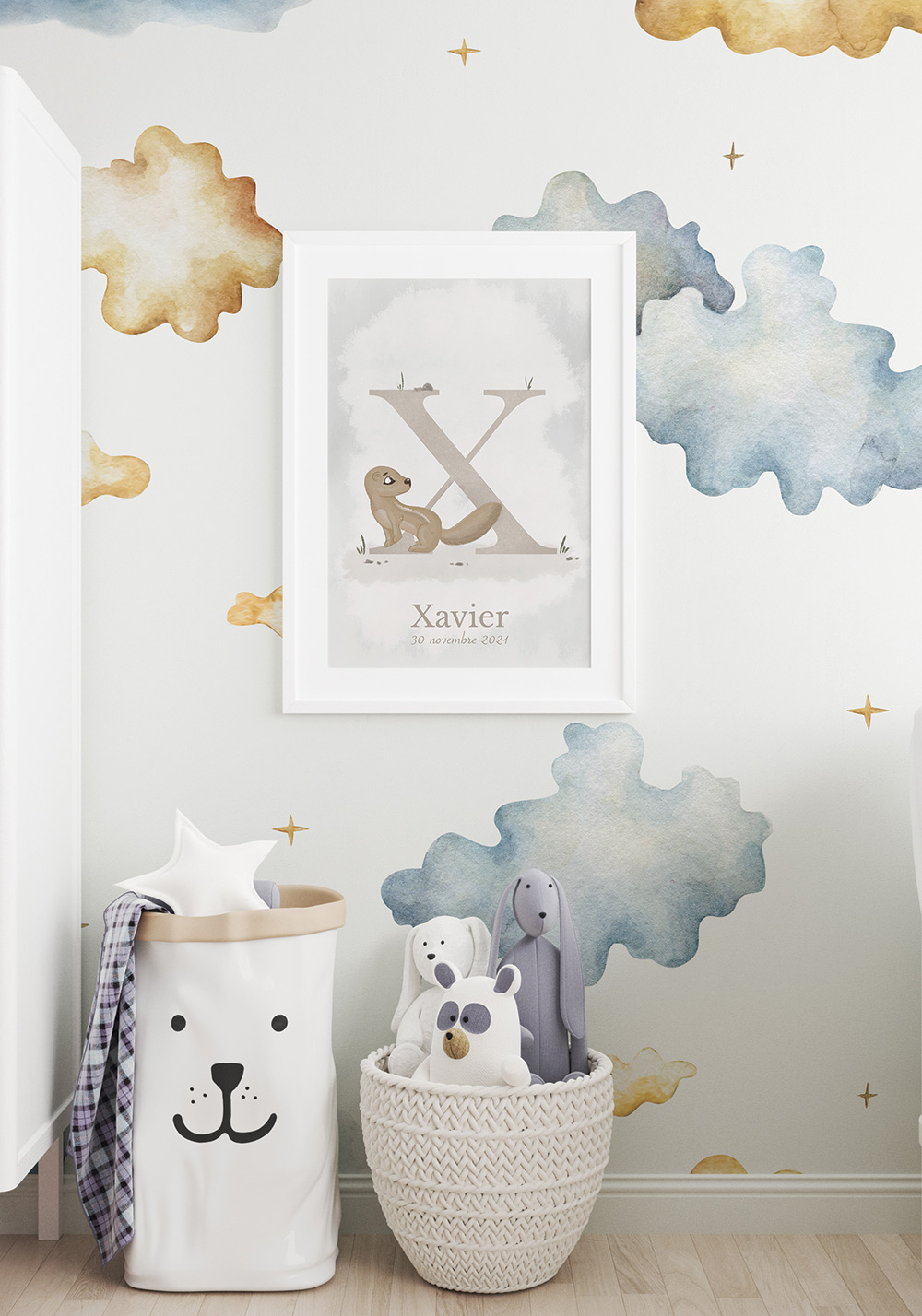 Lettre alphabet X mammifère férue Affiche personnalisable Prénom Artcamia