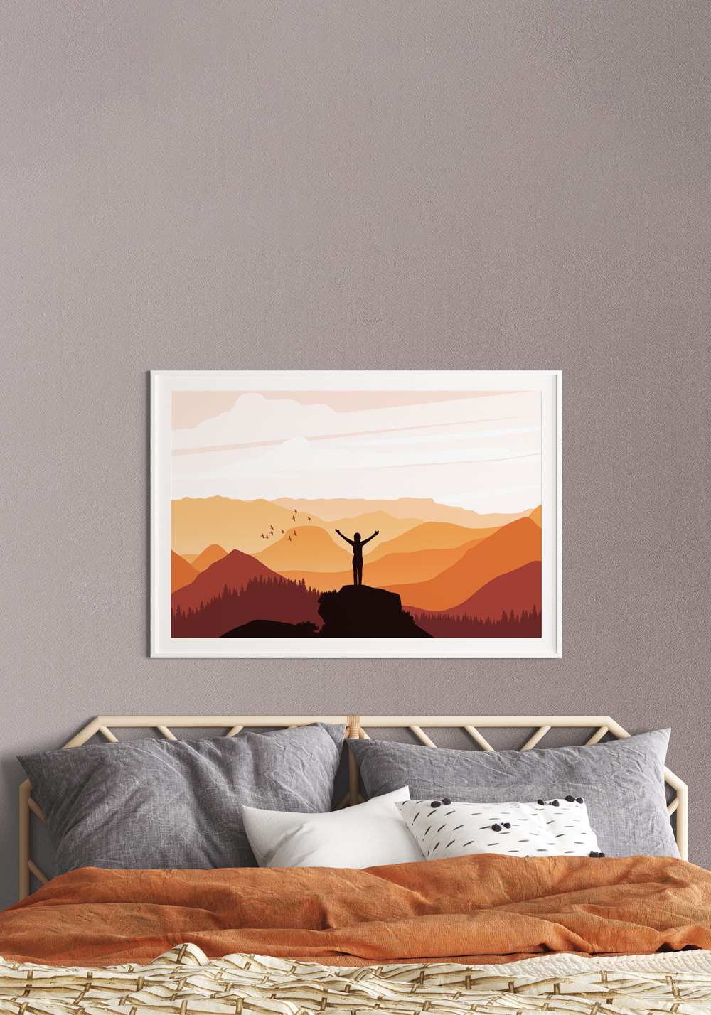Montagnes dessin minimaliste femme orange Affiche